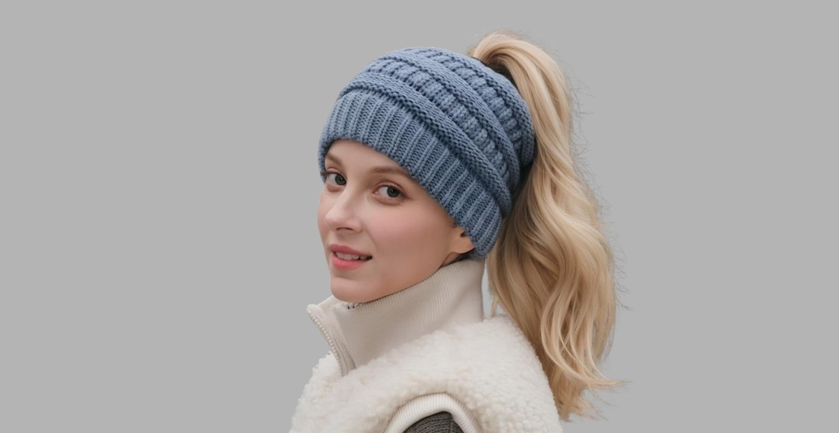 Eine Frau mit hohem Pferdeschwanz, die eine blaue Strickmütze trägt, leicht nach links gewandt ist und einen hellen Reißverschlusspullover und eine flauschige Weste trägt, vor einem neutralen grauen Hintergrund.
