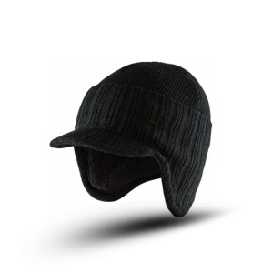 Black knitted beanie with earflap-style brim, resting on a white background.