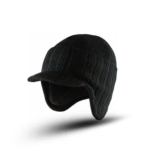 Black knitted beanie with earflap-style brim, resting on a white background.
