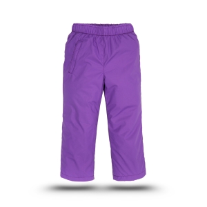 Purple ski pants for kids with an elastic waistband and zippered pockets.