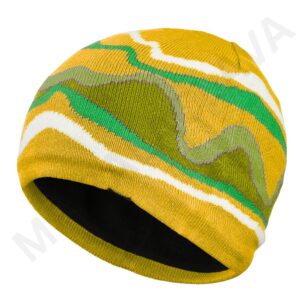 A yellow, green, and white patterned knit beanie.