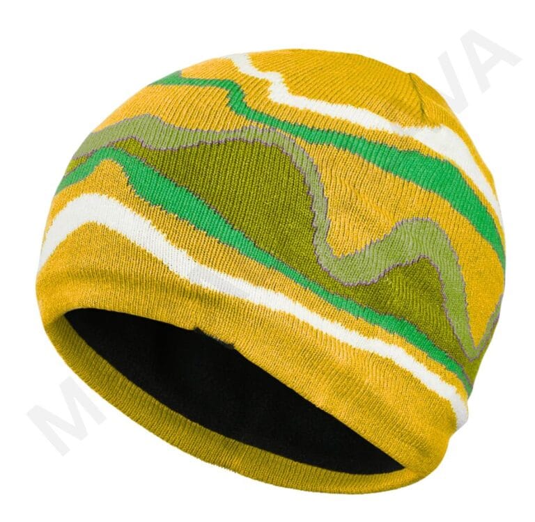A yellow, green, and white patterned knit beanie.