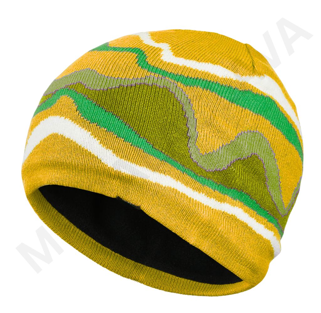 A yellow, green, and white patterned knit beanie.