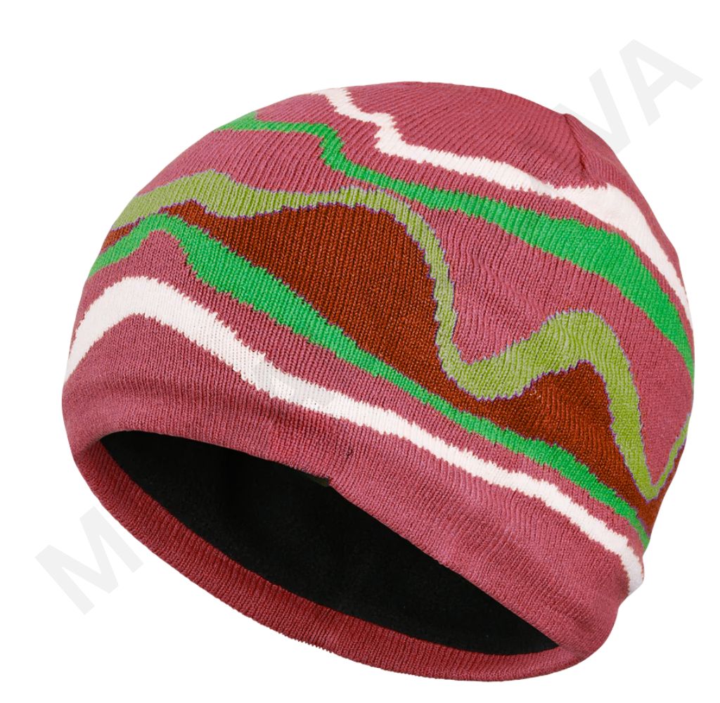 A multi-colored knit beanie with wavy patterns in shades of pink, brown, green, and white.