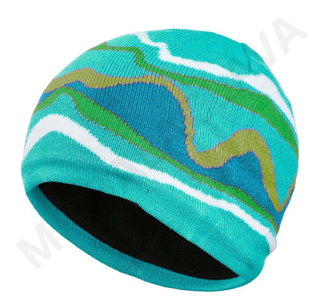 A teal, blue, green, and white patterned knit beanie.