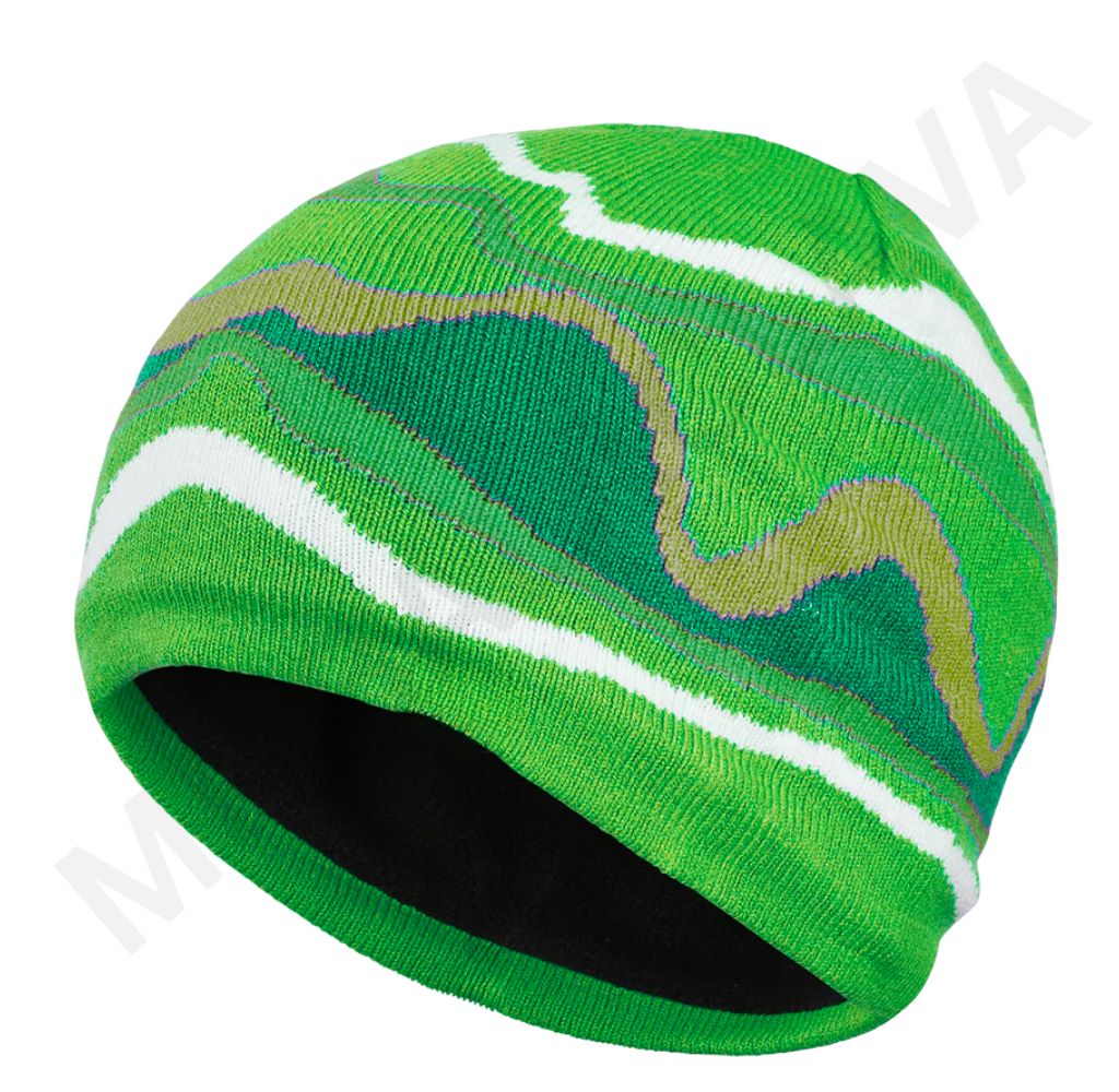 A green, olive, and white patterned knit beanie.