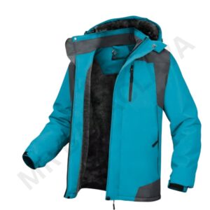 A teal and gray winter jacket with a black faux fur lining.