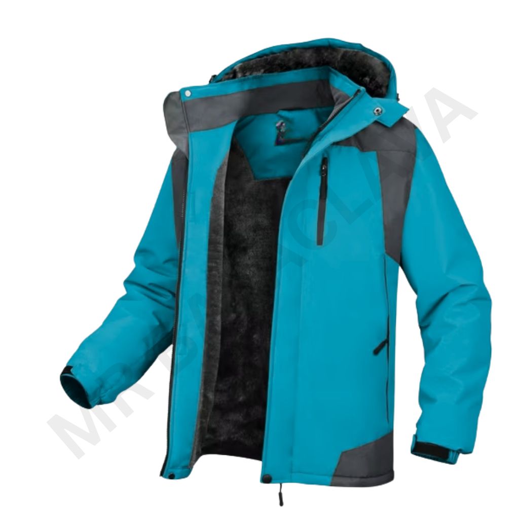 A teal and gray winter jacket with a black faux fur lining.
