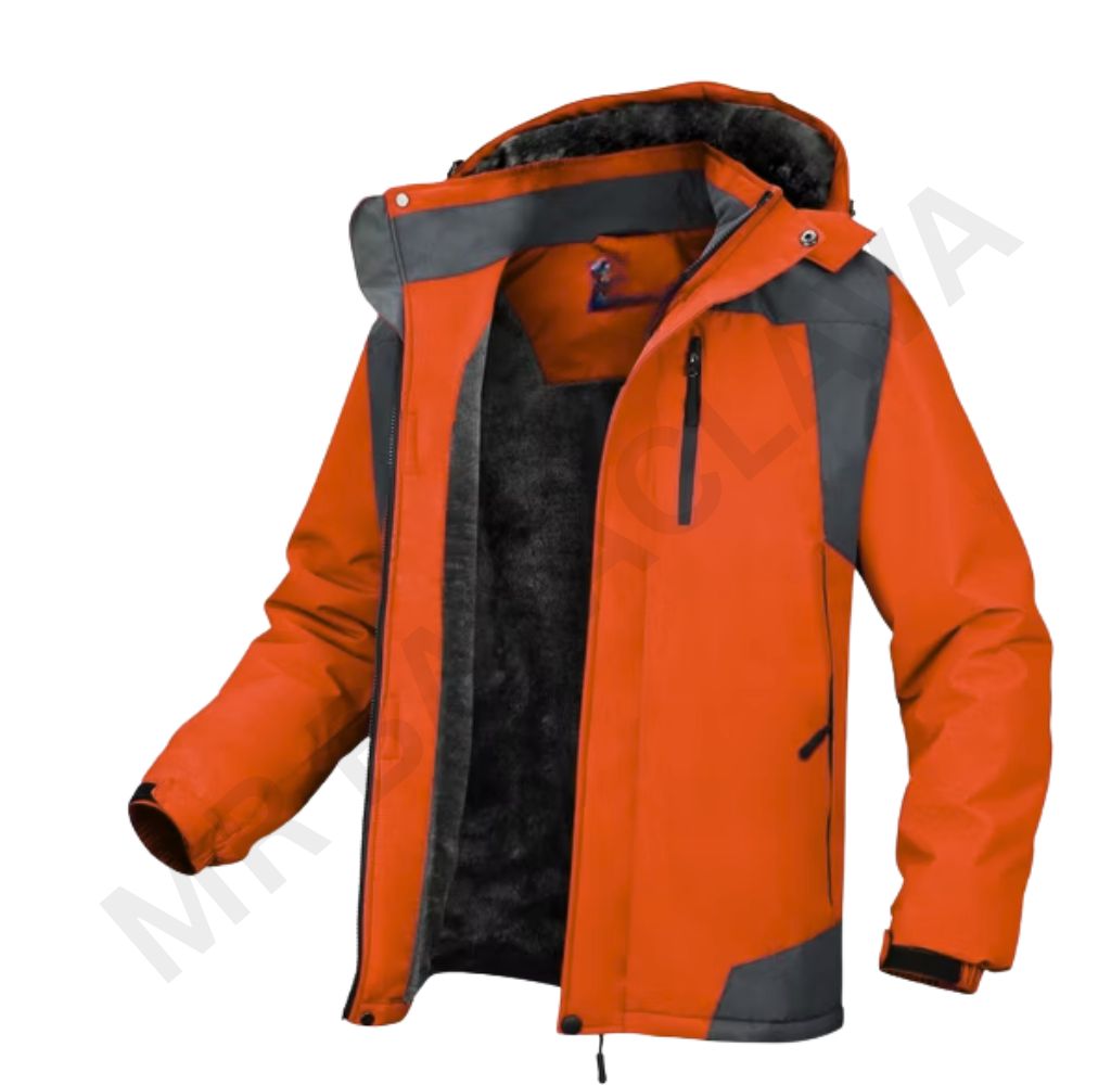A vibrant orange and gray winter jacket with a black faux fur lining.