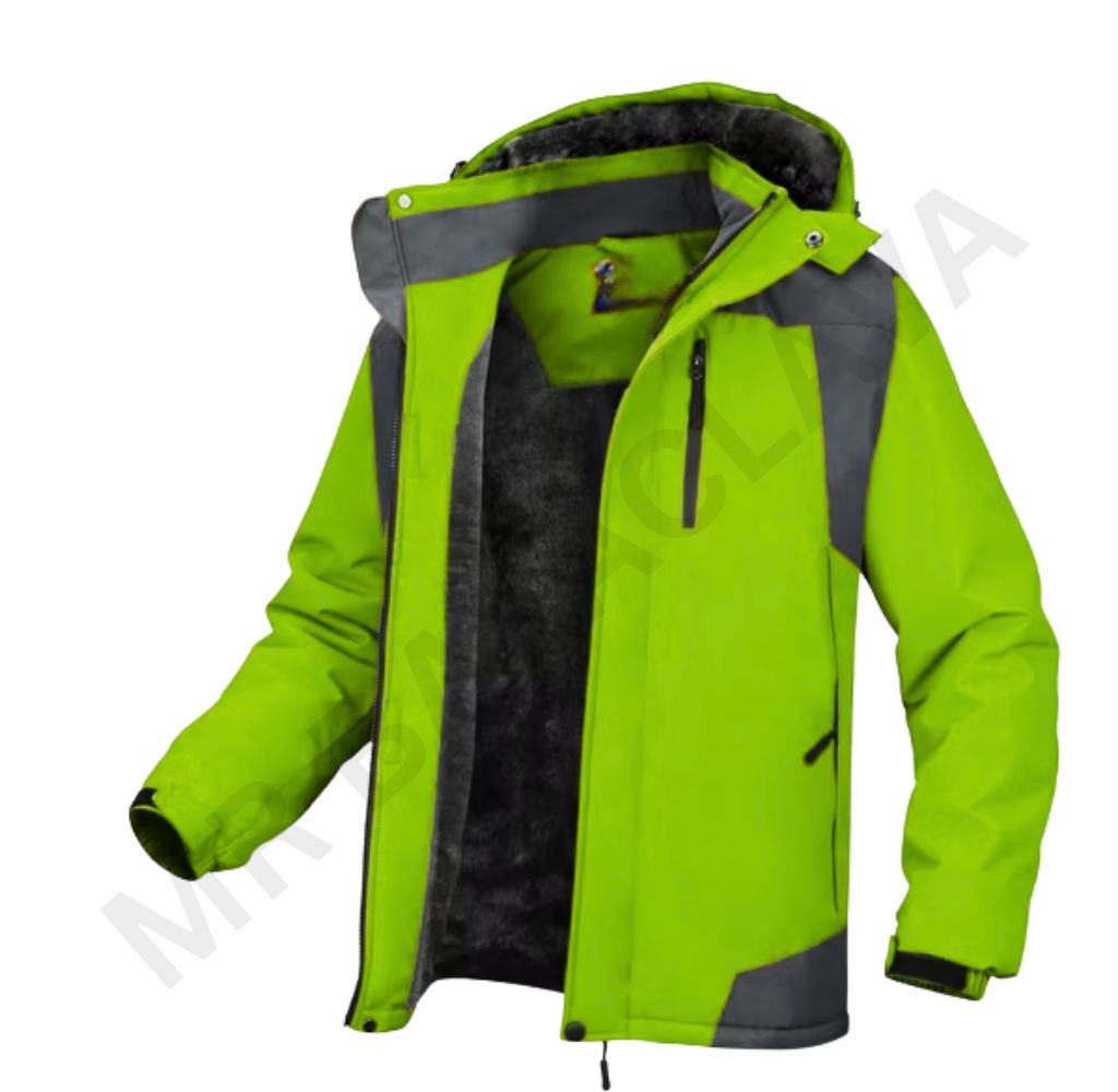 A vibrant lime green and gray winter jacket with a black faux fur lining.