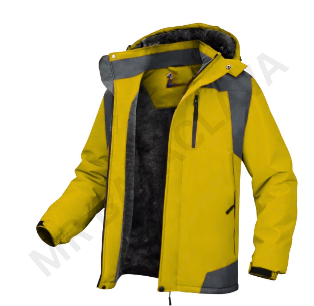 A vibrant yellow and gray winter jacket with a black faux fur lining.