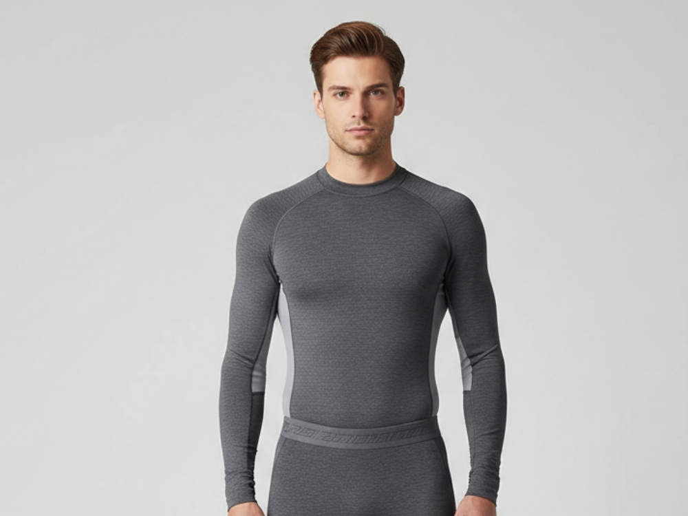 A well-built man wearing a gray, textured ski base layer top and matching bottoms. The long-sleeve athletic thermal features a fitted silhouette, crew neck, and subtle panel details along the arms and sides.