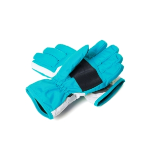 Pair of black ski gloves with reinforced palms and predictive grip, resting on snow.