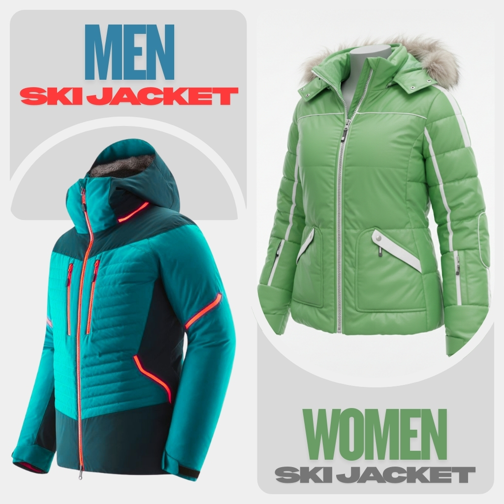 A pair of insulated ski jackets: a teal-and-dark jacket on the left and a green parka-style jacket with fur-trimmed hood on the right, with a light gray background and bold text that reads “MEN SKI JACKET” on top-left and “WOMEN SKI JACKET” on bottom-right. Custom Ski Jackets