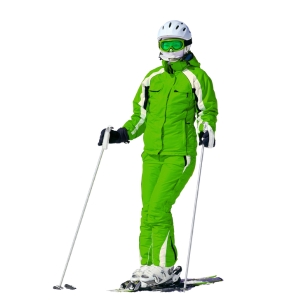 Person skiing in a bright green ski suit with white and black accents, wearing a white helmet and green goggles, standing with ski poles and skis on snowy ground.