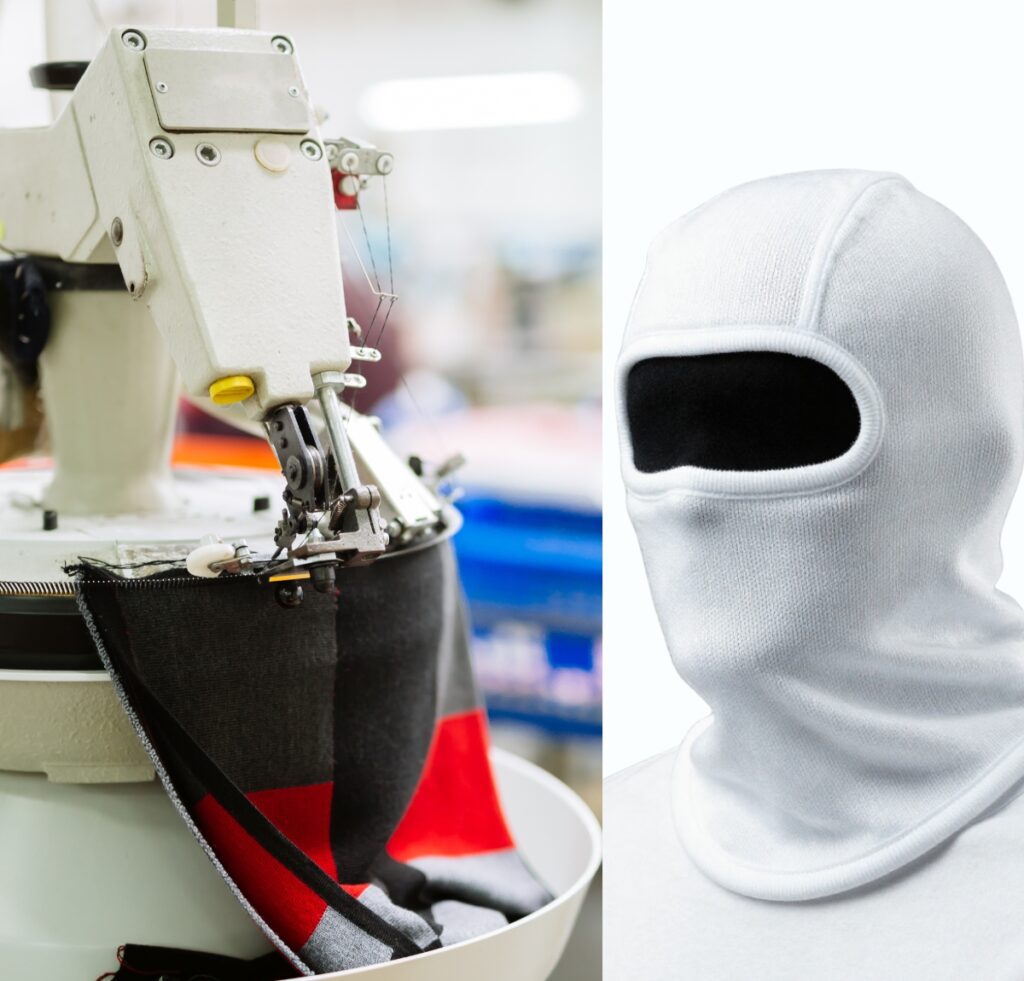 A split-scene image: on the left, a sewing/knitting machine working on a striped fabric in gray, black, and red; on the right, a white balaclava mask with an eye-opening displayed on a white mannequin head.