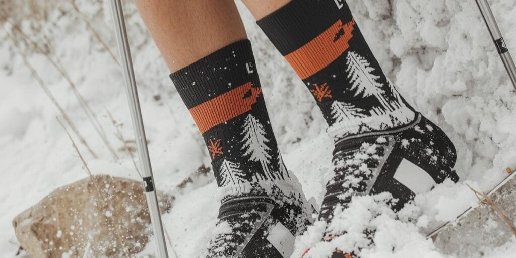 Jambes en chaussettes de ski noires à motifs et bandes orange, dans la neige entre des bâtons de ski