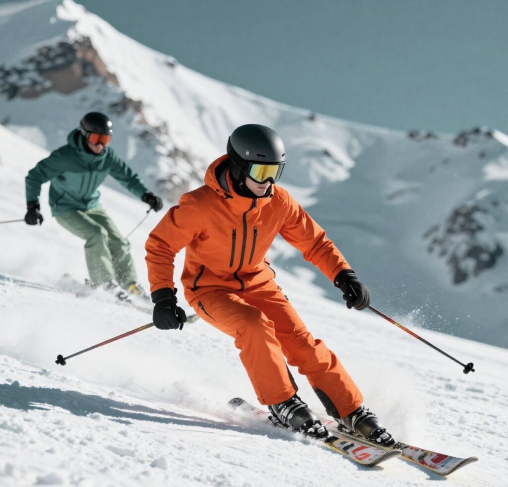 Two skiers descend a snowy slope, the foreground skier wearing an orange ski suit, black helmet, and goggles, with ski poles, while a second skier in green follows behind. Snow is kicked up as they carve turns, with a snow-capped mountain range in the background. Custom Ski Suits Manufacturer