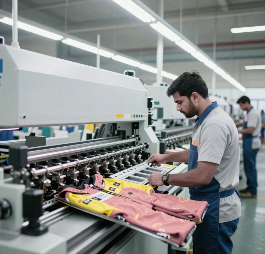 Two technicians operate an industrial embroidery machine in a bright textile factory. The foreground shows a worker in a gray shirt and blue overalls adjusting fabric pieces on a fed tray beneath the sewing heads; a second worker is visible in the background near another machine.