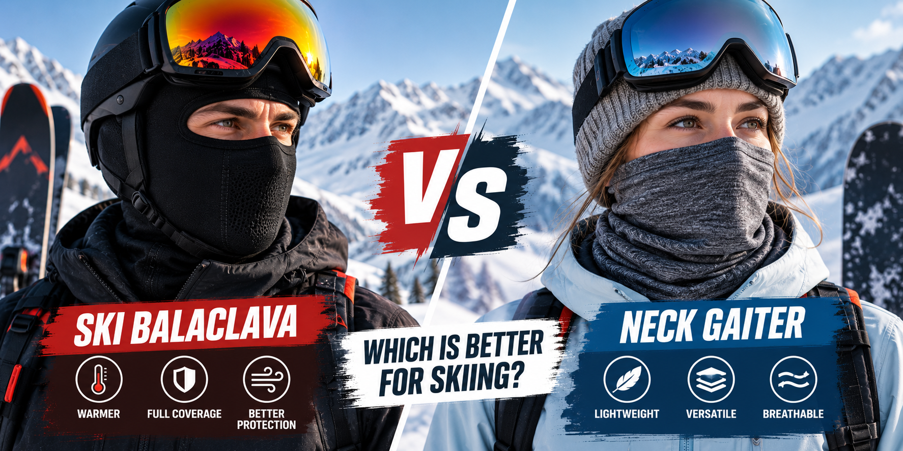 Split-Screen-Vergleich zweier Skifahrer: links eine Person mit schwarzer Sturmhaube, Helm und Skibrille neben dem Label „Ski-Sturmhaube“ mit den Merkmalen „wärmer“, „vollständige Abdeckung“ und „besserer Schutz“; rechts eine Person mit einem grauen Halswärmer, einer Strickmütze und einer Skibrille neben dem Label „Neck Gaiter“ mit den Eigenschaften „Leicht“, „Vielseitig“ und „Atmungsaktiv“. Ein rot-blaues „VS“ trennt die beiden, darunter steht zentriert vor dem Hintergrund eines verschneiten Berges die Frage „Was eignet sich besser zum Skifahren?“.
