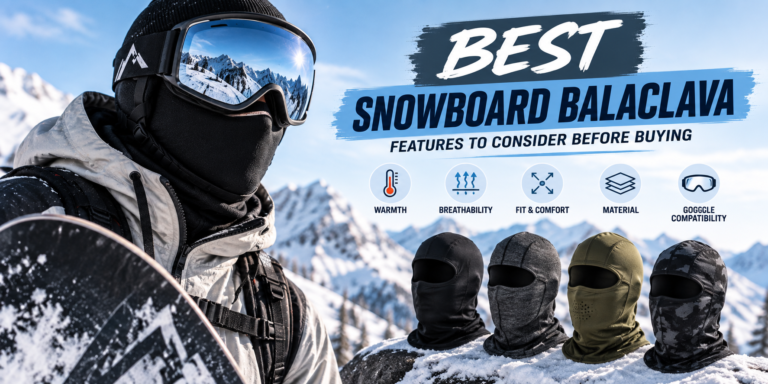 Links steht ein Snowboarder mit schwarzer Sturmhaube, reflektierender Skibrille und einer weiß-grauen Jacke, der ein Snowboard in der Hand hält, vor schneebedeckten Bergen unter einem strahlend blauen Himmel. Rechts ist der Text „Die wichtigsten Eigenschaften einer Snowboard-Sturmhaube, die Sie vor dem Kauf beachten sollten“ über fünf beschrifteten Symbolen zu lesen: ein Thermometer für „Wärme“, Pfeile für „Atmungsaktivität“, ausklappbare Pfeile für „Passform & Komfort“, übereinanderliegende Quadrate für „Material“ und eine Skibrille für „Kompatibilität mit Skibrillen“. Vier Sturmhauben – eine schwarze, eine grau gemusterte, eine olivgrüne und eine schwarz-graue im Camouflage-Look – liegen im verschneiten Vordergrund.