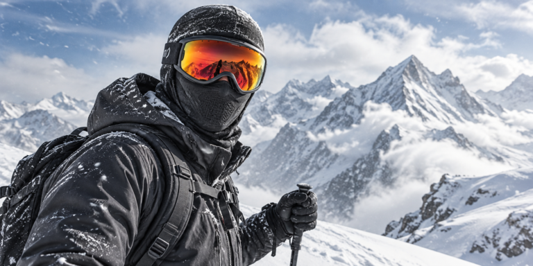 Ein Skifahrer in schwarzer Winterbekleidung steht im fallenden Schnee; seine orangefarbene Skibrille spiegelt die schneebedeckten Gipfel und den rötlichen Himmel wider, im Hintergrund sind wolkenverhüllte Berge zu sehen.