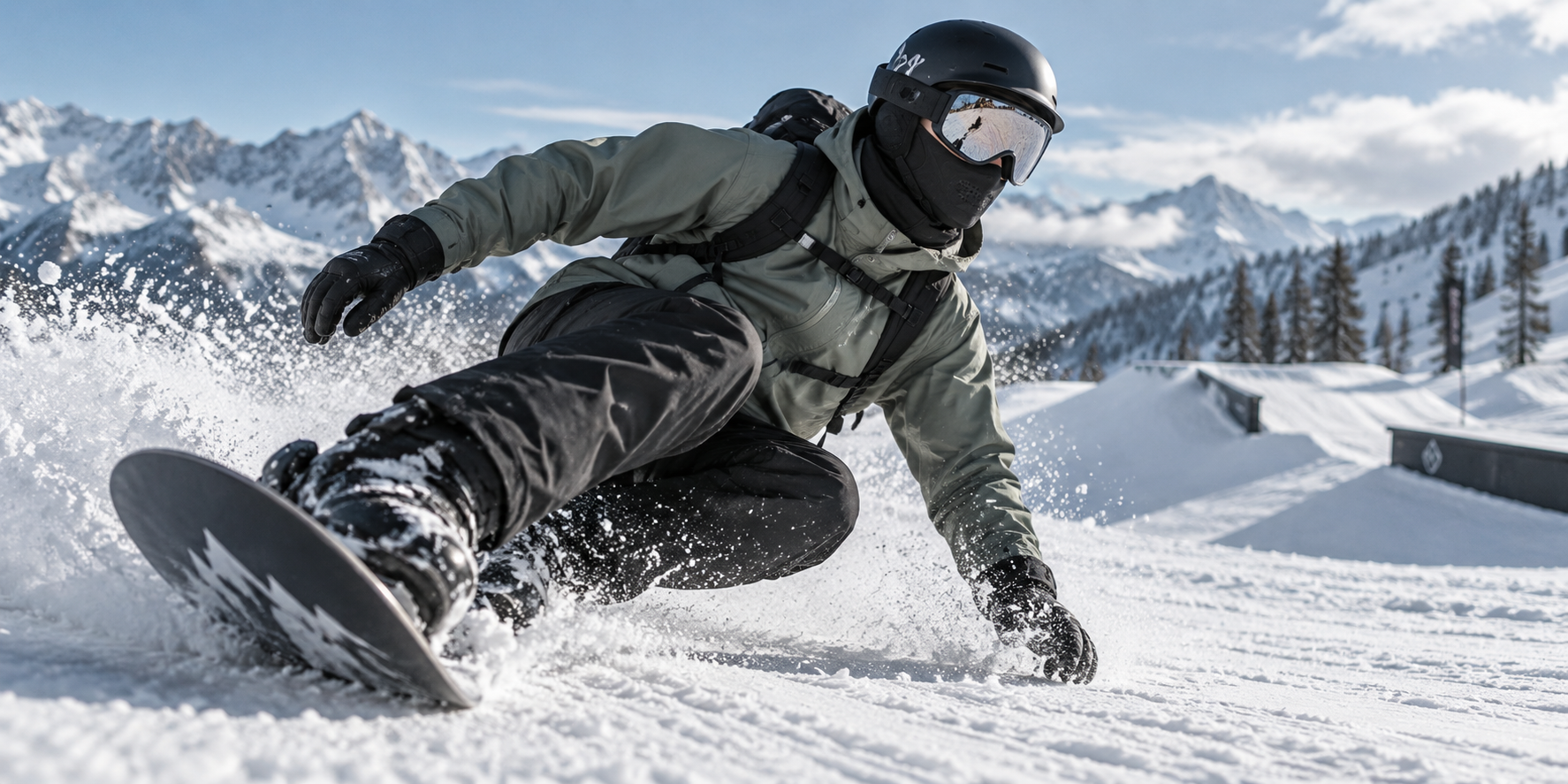 Ein Snowboarder, der eine Schutzmaske, einen Helm und eine Skibrille trägt, während er auf einem Berghang durch den Tiefschnee carvt.