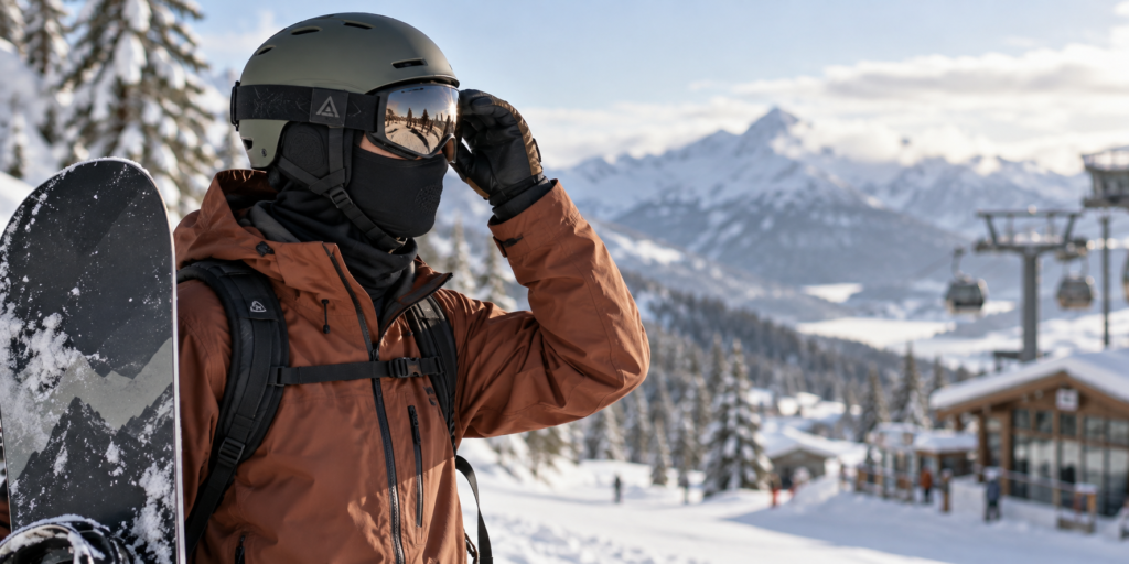 Ein Snowboarder, der eine schwarze Sturmhaube unter einem Skihelm und einer Skibrille trägt, steht mit einem Snowboard in einem verschneiten Skigebiet.