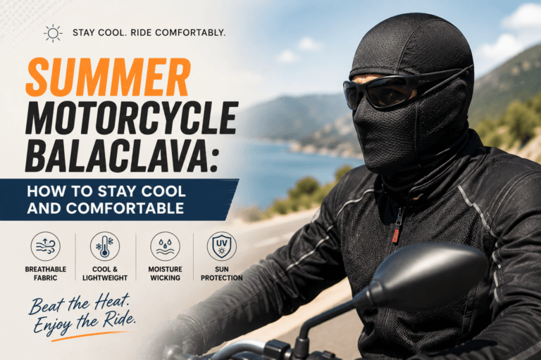 A rider wearing a lightweight mesh summer motorcycle balaclava under a helmet on a bright, sunny day, with sunglasses and a relaxed expression.