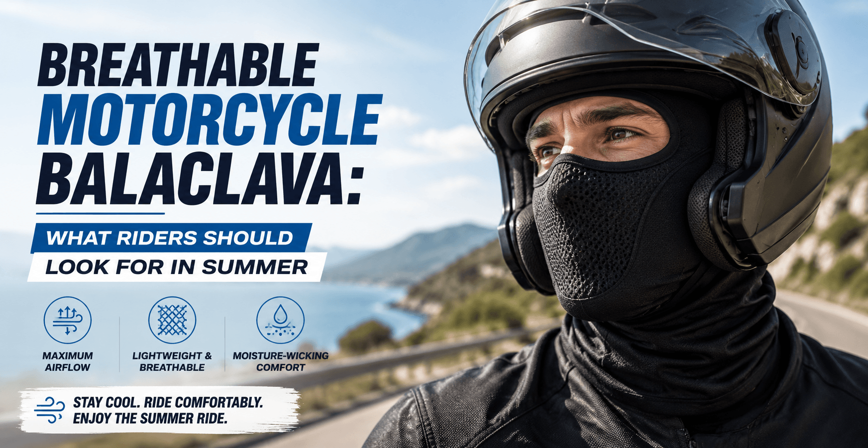 A male motorcyclist wearing a black helmet and a black balaclava with a textured mesh panel over the mouth and nose area, shown from the chest up against a sunny coastal background with mountains and sea. Overlay text reads "Breathable Motorcycle Balaclava" with feature callouts for "Maximum Airflow," "Lightweight & Breathable," and "Moisture-Wicking Comfort."