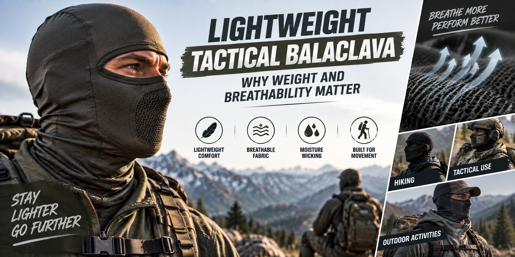 Ein Mann mit einer dunkelgrünen, leichten taktischen Sturmhaube mit einem Mund- und Naseneinsatz aus Netzgewebe vor einer verschwommenen Bergkulisse, mit den Überschriften „Stay Lighter Go Further“ und „Leichte taktische Sturmhaube – Warum Gewicht und Atmungsaktivität wichtig sind“, ergänzt durch Symbole für „Leicht und bequem“, „Atmungsaktives Material“, „Feuchtigkeitstransport“ und „Auf Bewegung ausgelegt“ sowie einer Nahaufnahme des Materials und drei Anwendungsbereichen: Wandern, taktischer Einsatz und Outdoor-Aktivitäten.