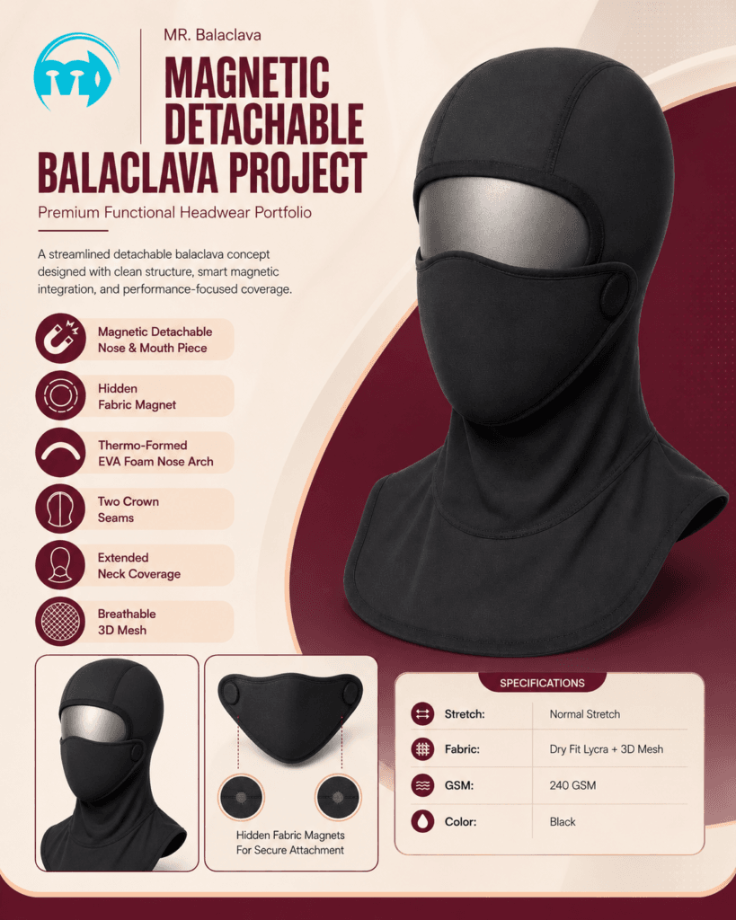 Cagoule convertible avec partie visage amovible magnétique et filet 3D