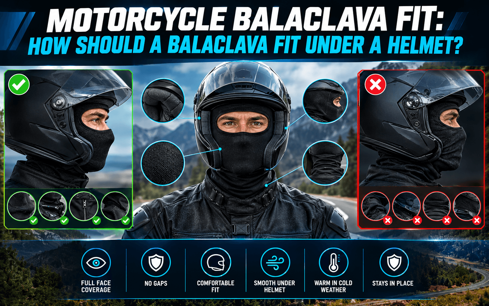 Wide motorcycle graphic showing a rider wearing a balaclava under a helmet, comparing a smooth, secure fit with an improper fit featuring bunching and gaps.
