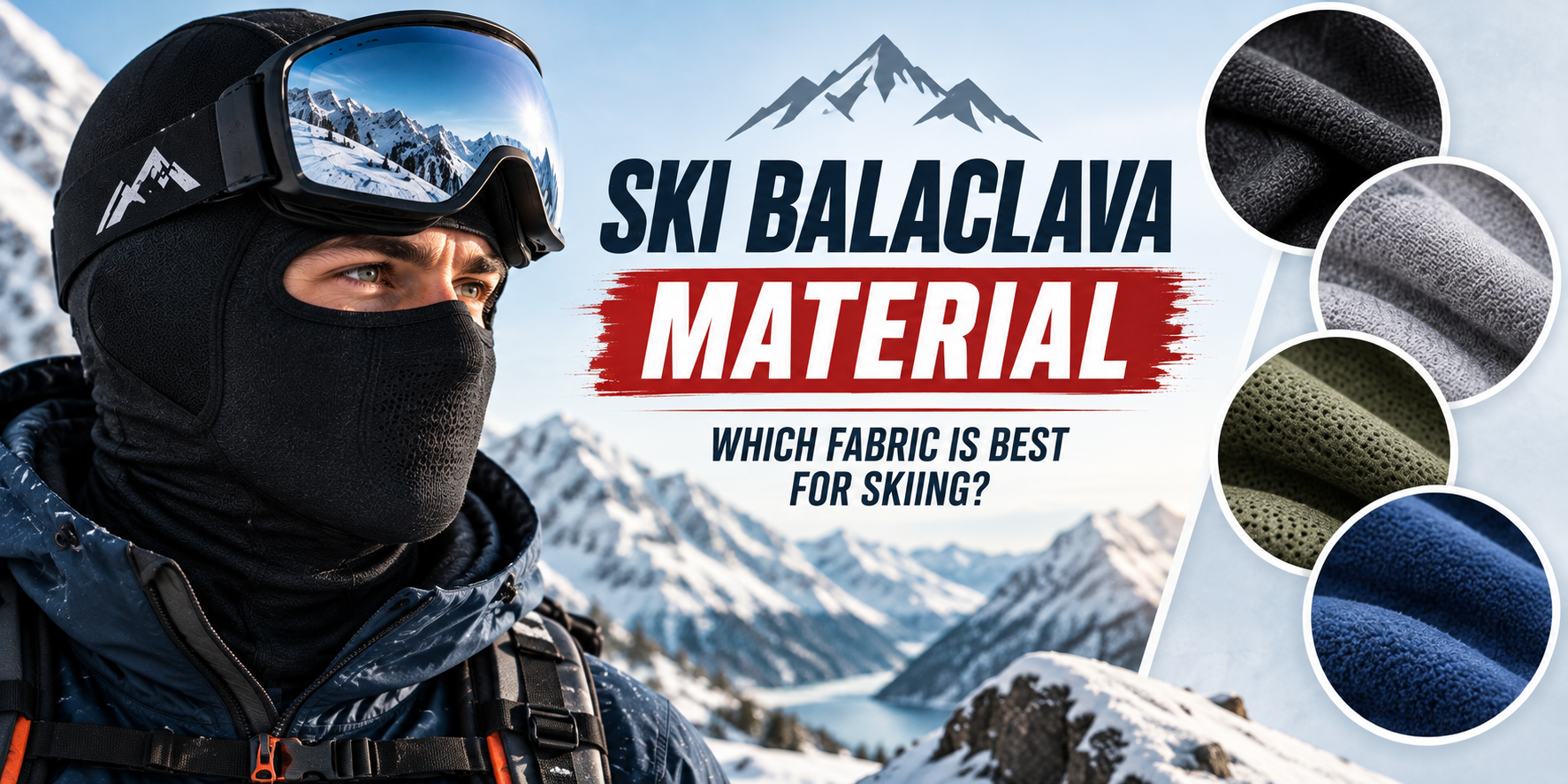 A man wearing a black ski balaclava and goggles stands on a snowy mountain under a clear blue sky, with a headline reading "Ski Balaclava Material: Which Fabric Is Best for Skiing?" and a collage of four circular fabric swatches in the corner.