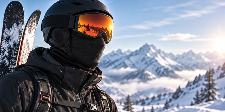 Ein Skifahrer mit schwarzem Helm, schwarzer Sturmhaube und orange getönter Skibrille steht bei Sonnenuntergang vor schneebedeckten Bergen, die Skier auf dem Rücken festgeschnallt.