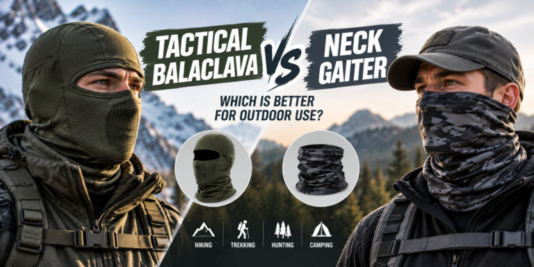 Side-by-side comparison of a man in a dark green tactical balaclava covering all but his eyes and a man in a dark grey camo neck gaiter pulled over his nose and mouth, both against a mountain backdrop, headlined "Tactical Balaclava vs Neck Gaiter — Which is Better for Outdoor Use?", with folded-product insets and icons for hiking, trekking, hunting and camping.