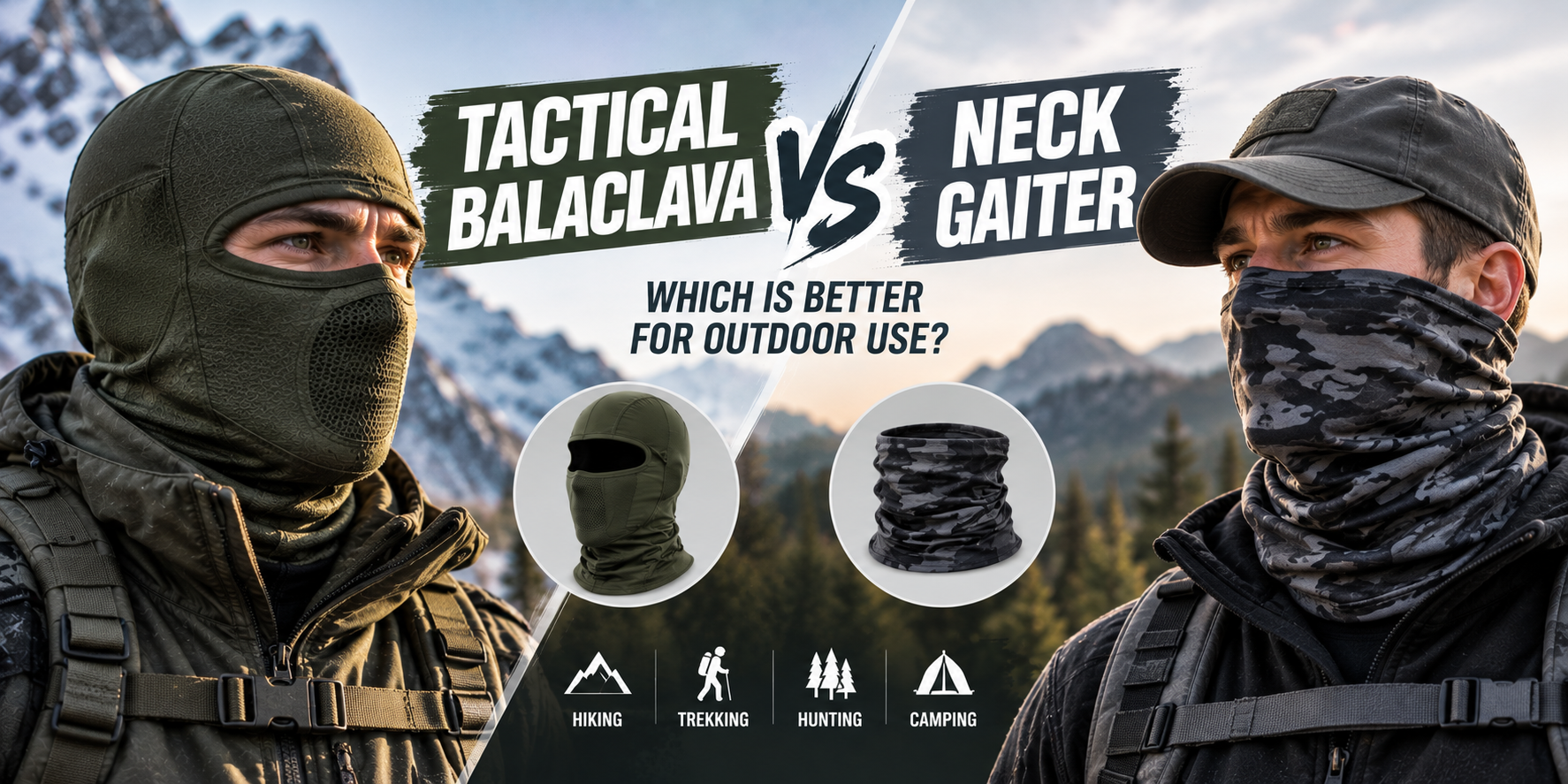 Side-by-side comparison of a man in a dark green tactical balaclava covering all but his eyes and a man in a dark grey camo neck gaiter pulled over his nose and mouth, both against a mountain backdrop, headlined "Tactical Balaclava vs Neck Gaiter — Which is Better for Outdoor Use?", with folded-product insets and icons for hiking, trekking, hunting and camping.