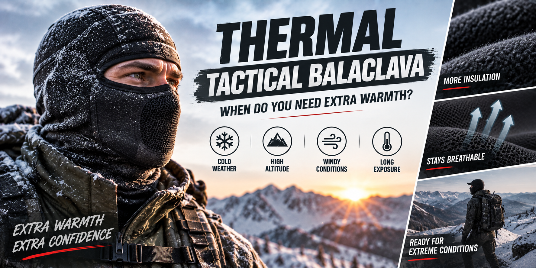 Nahaufnahme einer Person mit einer frostbedeckten schwarzen Thermo-Sturmhaube und Wintertarnkleidung vor dem Hintergrund eines Sonnenaufgangs über einem verschneiten Berg, mit den Überschriften „Extra Wärme, extra Selbstvertrauen“ und „Thermo-Sturmhaube für den Einsatz – Wann brauchen Sie zusätzliche Wärme?“, mit Symbolen für „Kaltes Wetter“, „Große Höhe“, „Windige Bedingungen“ und „Lange Exposition“, Strukturierten Einsätzen für „Mehr Isolierung und dennoch atmungsaktiv“ sowie einer Ganzkörperaufnahme einer Person mit Rucksack auf einem verschneiten Bergrücken unter der Überschrift „Bereit für extreme Bedingungen“.