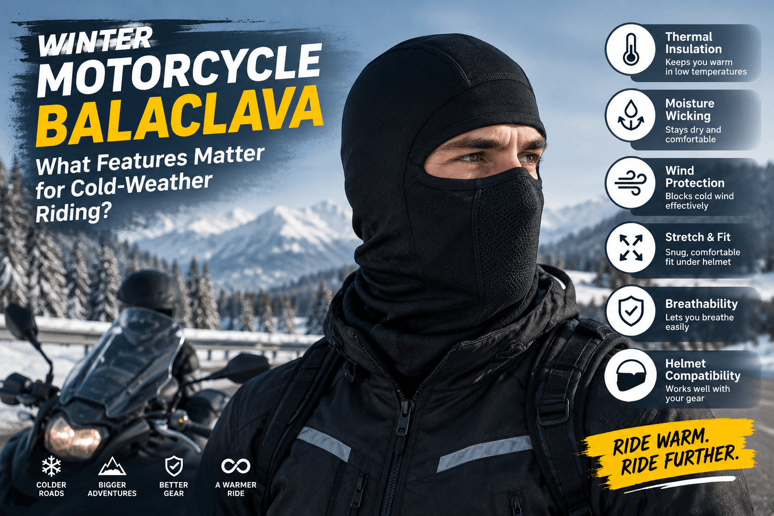Winter motorcycle balaclava rider in protective gear on a snowy mountain road, highlighting warmth, moisture wicking, wind protection, comfort, and helmet compatibility.