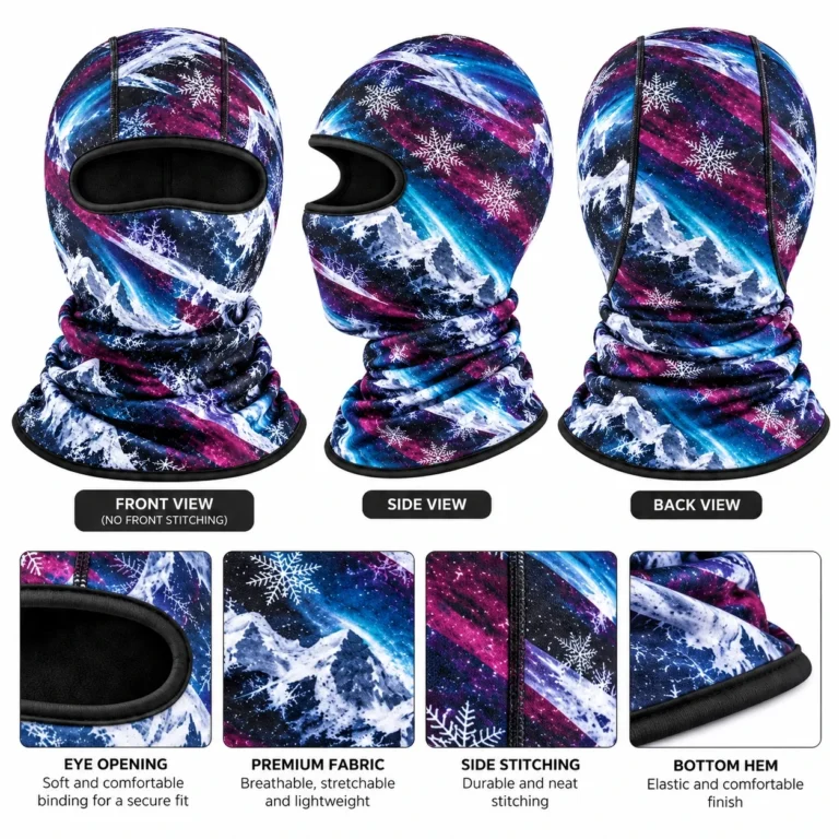 Aurora Galaxy Snowflake Ski Balaclava – No Front Seam, Soft Eye Binding: features and views