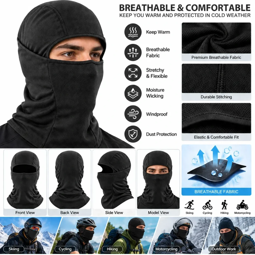 Cagoule de ski noire en filet respirant – chaude, évacue l’humidité, stretch : caractéristiques et vues