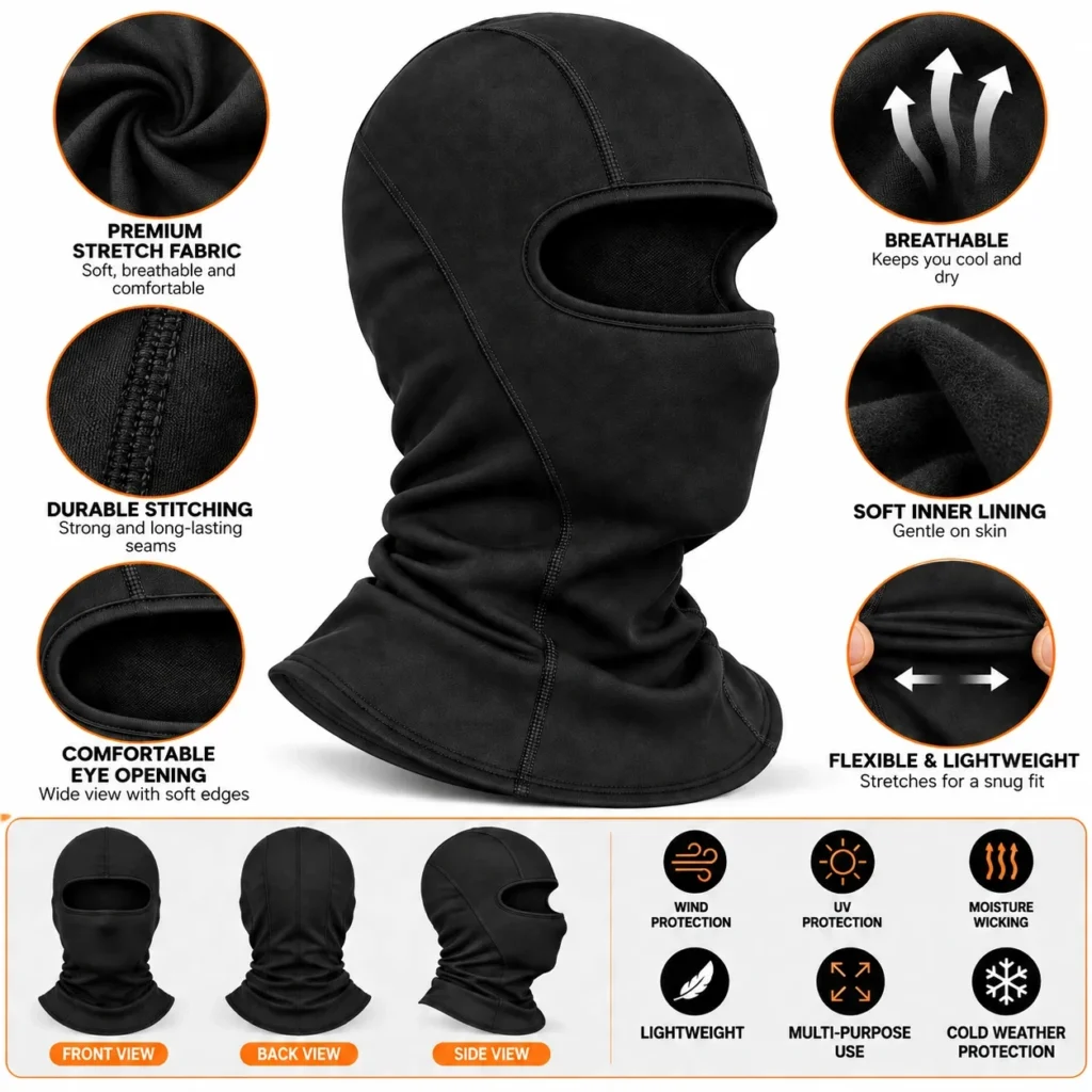Cagoule moto noire – intérieur doux, coutures résistantes : caractéristiques et vues