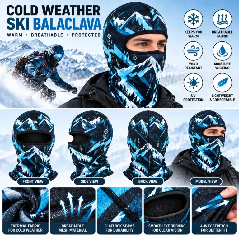 Blue Mountain-Print Ski Balaclava – Thermal Fabric, Flatlock Seams: features and views