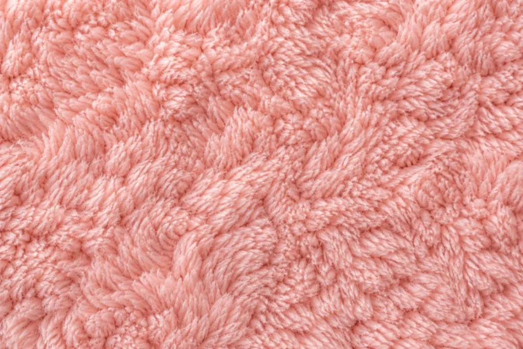 Nahaufnahme von zartrosa Korallenfleece mit langem, plüschigem Flor