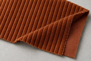 Pana (tejido para gorras): muestra de pana color óxido con el revés liso visible en una esquina doblada