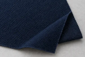 Sergé de coton (tissu pour casquettes) : échantillon de sergé de coton bleu marine pour casquettes avec un coin replié