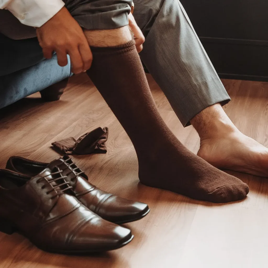 Homme enfilant des chaussettes habillées marron à côté d’une paire de chaussures en cuir sur un parquet