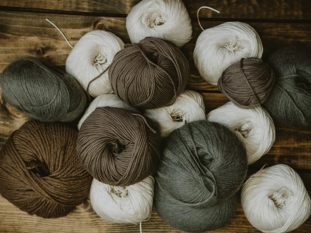 Balls of undyed and earth-toned wool yarn on a wooden table