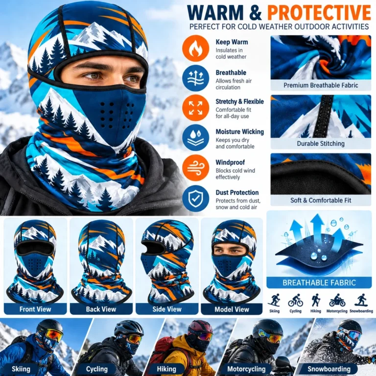 Navy and Orange Mountain-Print Ski Balaclava – Extended Neck Warmer: features and views
