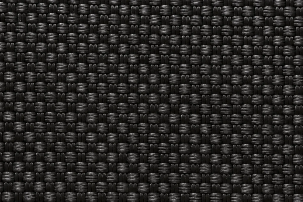 Nylon-Oxford (Verstärkungseinsätze): Nahaufnahme von schwarzem Nylon-Oxford mit kräftiger Panamabindung